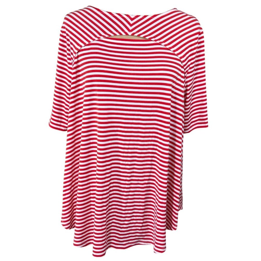 Chico's Stretch Tunic Top Red White Size L Large (2) Stripe Keyhole